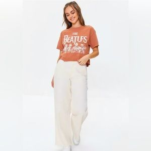 NWT Forever 21 Corduroy Wide Leg Frayed Utility Pants Size Large Cream